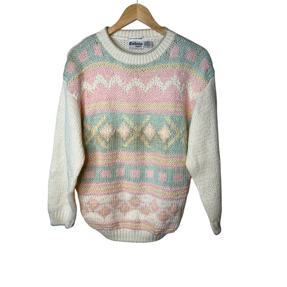 Vintage Exclusive Imports Knit‎ Sweater Pastel Diamond Pattern Women Size Medium